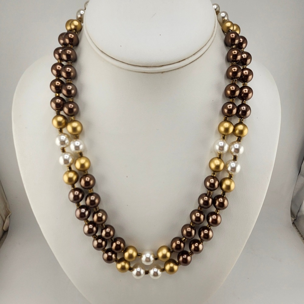 Vintage Japan Two Strand Faux Pearl Necklace Brown Gold White Estate Jewelry